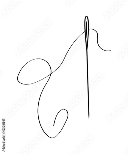 Obraz Sewing needle with thread. Vector doodle illustration on a white background.