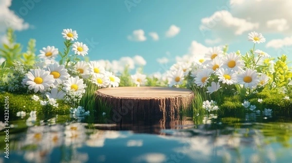 Fototapeta 3D rendering of a wooden podium with a background of spring nature. A stump display stand on the grass near a lake, dotted with white flowers. Mockup for a product display.