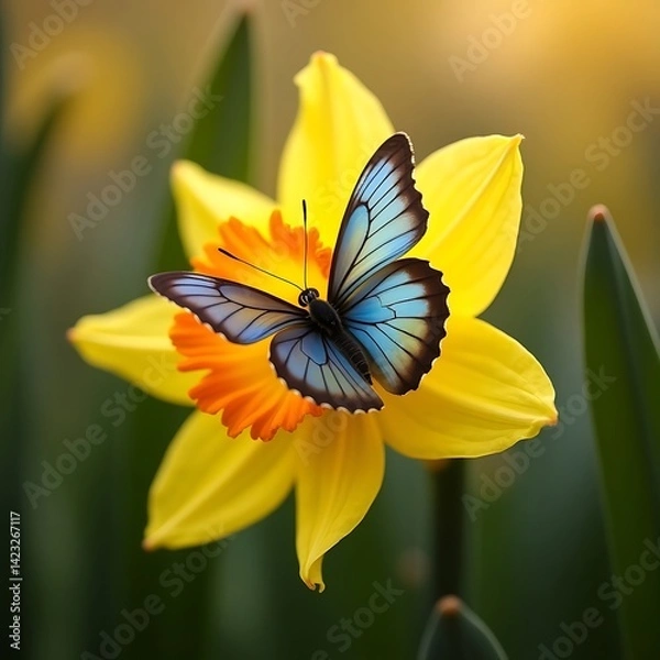 Obraz A close-up of a butterfly on a vibrant flower, soft bokeh, spring garden ambiance