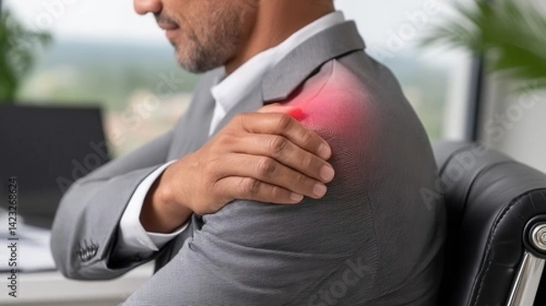Obraz Close-up of a man in a suit holding his painful shoulder, highlighted in red, indicating discomfort or injury.