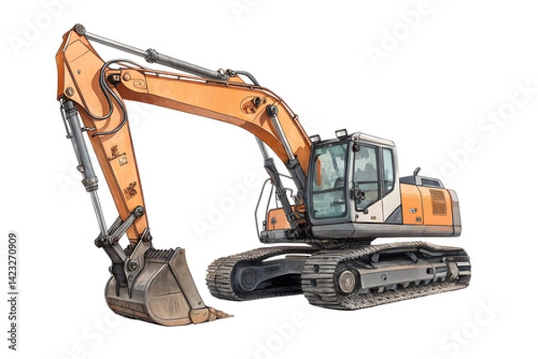 Fototapeta A high-quality PNG image of a yellow construction excavator isolated on a white background. Perfect for engineering, construction, heavy machinery, and building-related projects. Great for infographic