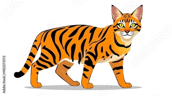 Fototapeta Striking Chausie Cat Standing Alert: Unique Hybrid Feline with Wild Appearance, Ticked Fur, and Lynx-like Ears Illustration

