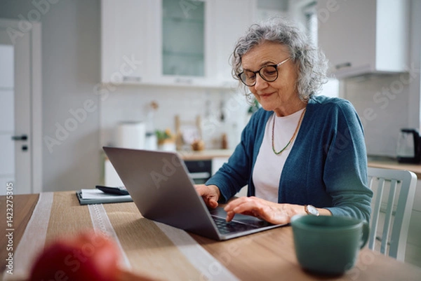 Obraz Smiling senior woman using laptop at home.