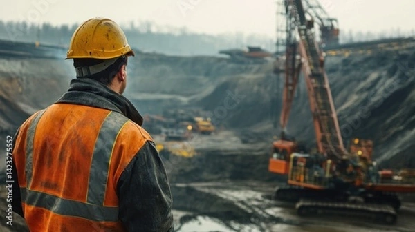 Fototapeta Mining supervisor overseeing drilling operations at large open pit mine site