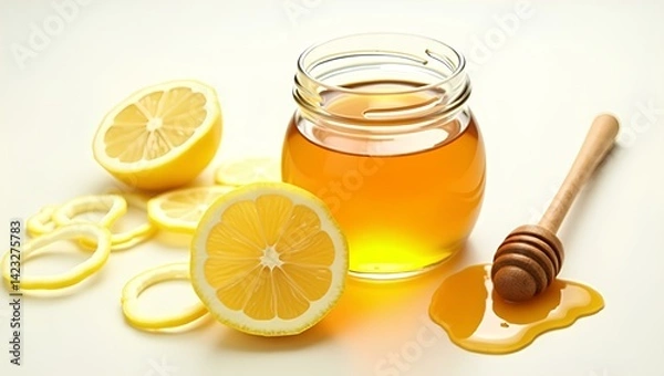 Fototapeta "Fresh honey in a glass jar with a wooden dipper next to sliced lemons on a white background"