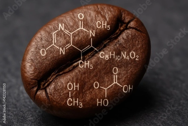 Fototapeta Close Up of a Roasted Coffee Bean with Caffeine Chemical Formula Overlay