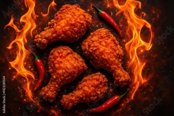 Fototapeta Crispy Fried Chicken Legs with Chili Peppers and Flames