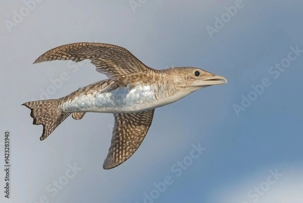 Obraz Unique depiction of a fish with wings soaring through a bright blue sky filled with clouds