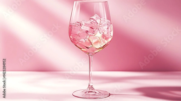 Obraz Close-up of a pink drink in a wine glass featuring ice and sunlight reflections