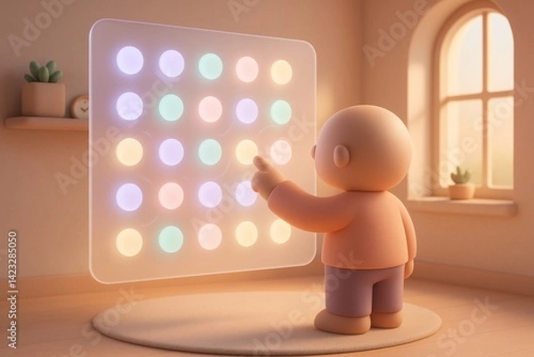 Fototapeta Interactive Panel Exploration: A curious figure, bathed in soft light, interacts with an ethereal panel of illuminated orbs.