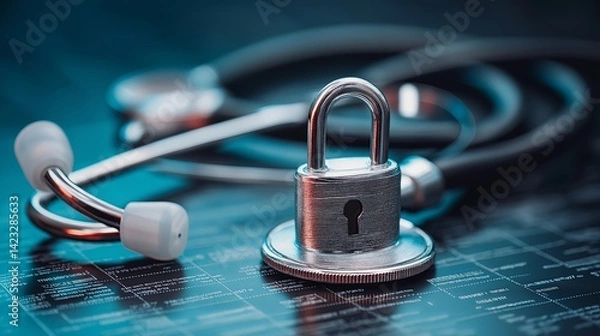 Fototapeta Healthcare and cyber security concept with data lock and stethoscope