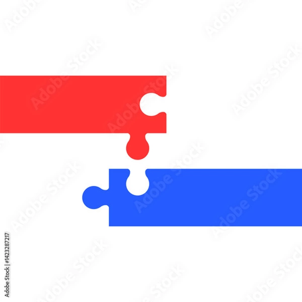 Fototapeta Two colored long puzzle pieces joined together. Puzzle pieces connecting together on a white background. Vector illustration.
