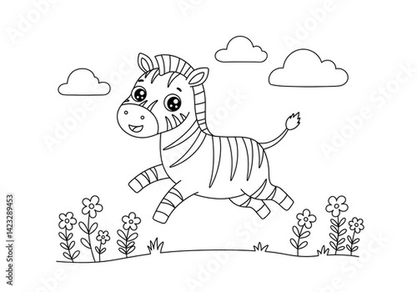 Fototapeta coloring page zebra animal on grass and clouds sky