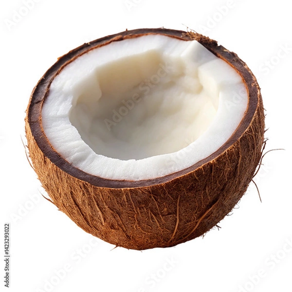 Obraz Half coconut on white background, Fresh tropical coconut fruit, a healthy brown nut, cut open on white