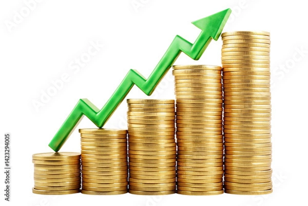 Obraz Golden coins stacked beside a rising graph signify business growth and financial success in the market. increasing stacks of golden coins, green plant growing on coins, gold coins and graph