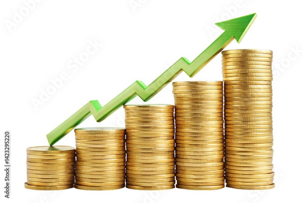Obraz Golden coins stacked beside a rising graph signify business growth and financial success in the market. increasing stacks of golden coins, green plant growing on coins, gold coins and graph