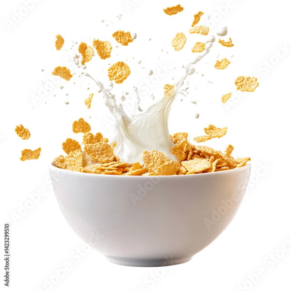 Fototapeta Breakfast cereal corn flakes with milk splash in bowl isolated on black background healthy food concept on transparent background