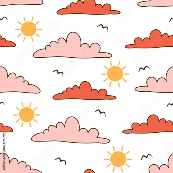 Fototapeta cute hand drawn cartoon yellow sun and pink and red clouds seamless vector pattern background illustration