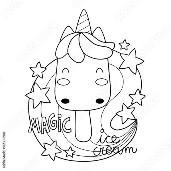 Fototapeta Illustration in black and white of an ice cream unicorn with sweet candy stars and smiling on a rainbow background, coloring page