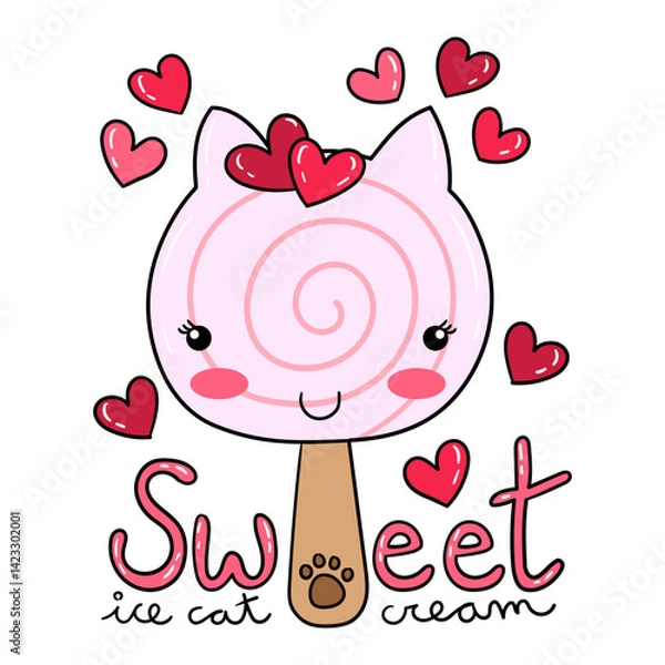 Fototapeta Color illustration of a strawberry ice cream cat with sweet candy hearts and smiling, design for a t-shirt.