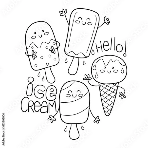 Obraz Illustration in black and white of four ice creams of different flavors: vanilla, strawberry, and chocolate, all very smiley and sweet, coloring page