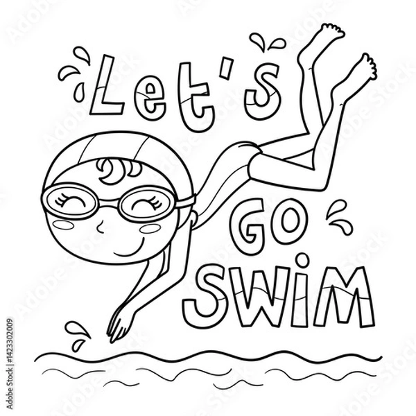 Obraz Illustration in black and white of a smiling little girl swimming in the pool, coloring page