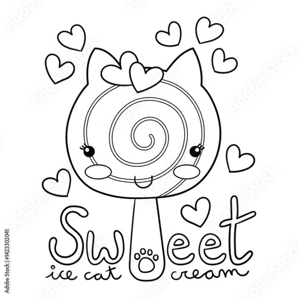 Obraz Illustration in black and white of a strawberry ice cream cat with sweet candy hearts and smiling, coloring page