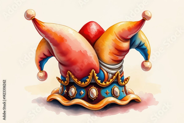 Obraz  illustration of a jester hat featuring a multicolored design with two floppy points and golden bells at the tips. The hat is designed with playful and whimsical elements.