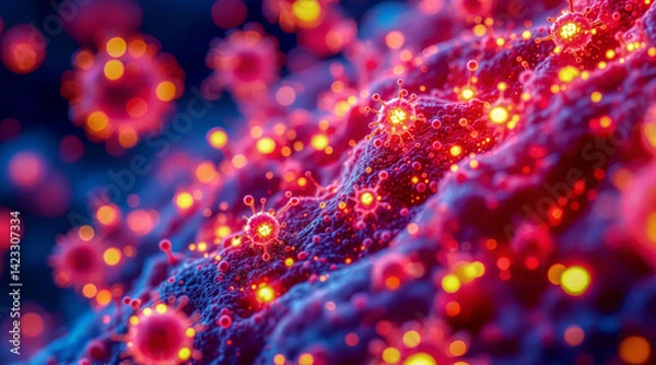 Fototapeta Virus particles under microscope glow intensely on textured surface