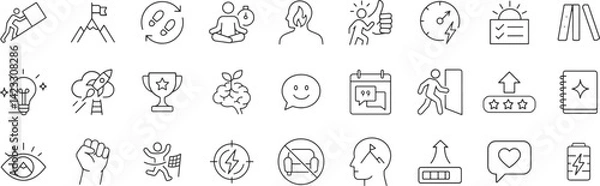 Obraz Motivation line icon set. Vector pictograms of energy, inspiration, journal, focus, target, consistency, arrow, achievement, self discipline, thin linear illustration.