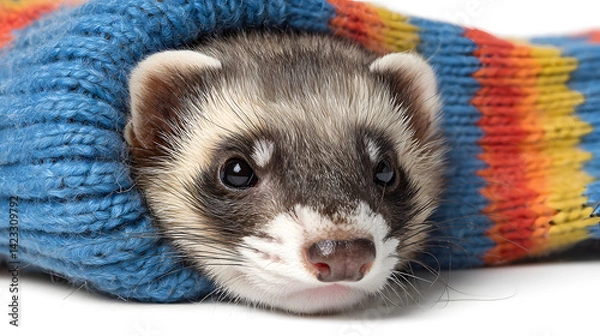 Obraz Ferret in a Sock – Cozy and Cute Animal Moment on White