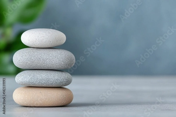 Fototapeta Stacked smooth stones on a soft surface with a green background.