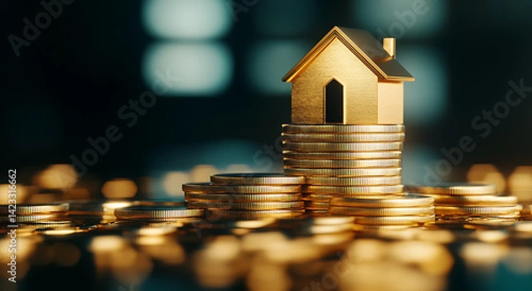 Obraz Golden house model on coins symbolizing real estate investment and financial growth