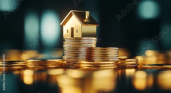 Obraz Elegant house model placed on stacked coins representing financial stability and investment