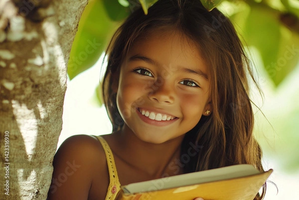 Fototapeta Smiling young girl reading a book under tree on summer day enjoying nature and learning moment, generative ai