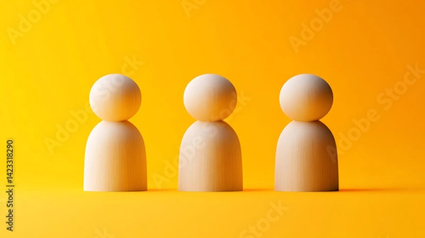 Obraz Three wooden figures standing side by side against a bright yellow background representing teamwork and collaboration