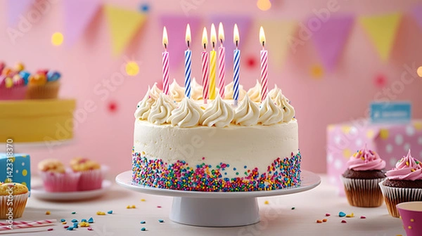 Obraz An alluring birthday cake adorned with bright candles surrounded by festive decorations in pastel colors