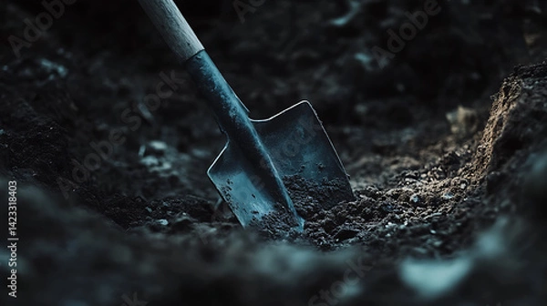Obraz Close Up of a Shovel in Dark Soil Symbolizing Hard Work and Gardening Efforts at Dusk