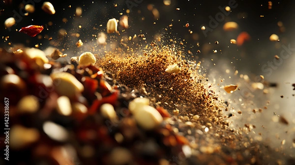 Obraz Dynamic view of flying spices and assorted nuts creating a vivid culinary masterpiece
