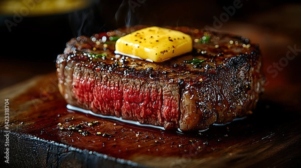 Obraz Juicy grilled steak showcasing perfect doneness and topped with creamy butter for a mouthwatering dish