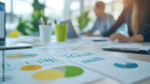Obraz Business meeting table filled with colorful graphs and charts showcasing growth and performance analysis