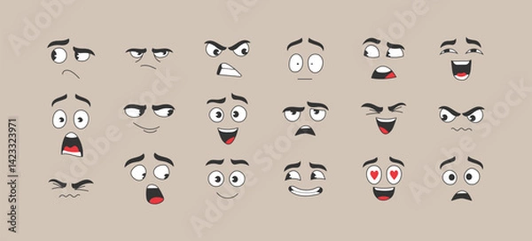 Obraz Hand drawn retro cartoon face illustration. Retro cartoon mascot characters funny faces. 50s, 60s old animation eyes and mouths elements. Vintage comic smile for logo vector set