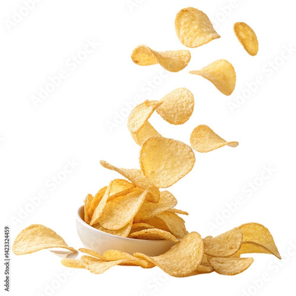 Obraz Heap of salty yellow fried potato chips snack isolated on white, potato chips falling isolated, pile of potato chips