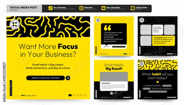 Obraz Social media carousel post template. Business Instagram and facebook square post template. Instagram tips post collection tutorial, tip, trick, quick tips, layout template design, modern, yellow