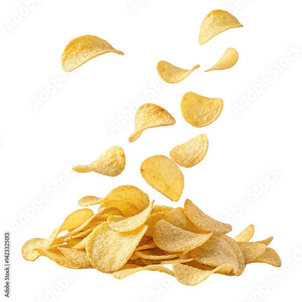 Obraz Heap of salty yellow fried potato chips snack isolated on white, potato chips falling isolated, pile of potato chips