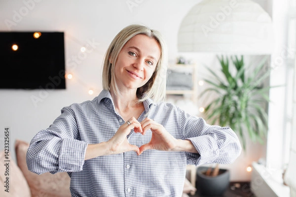 Obraz Smiling Middle-aged Woman makes a Heart Sign with her hands