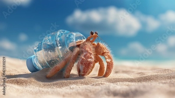 Fototapeta Hermit crab using a discarded plastic bottle as a shell on a beach, illustrating the impact of plastic pollution and global warming on marine life.