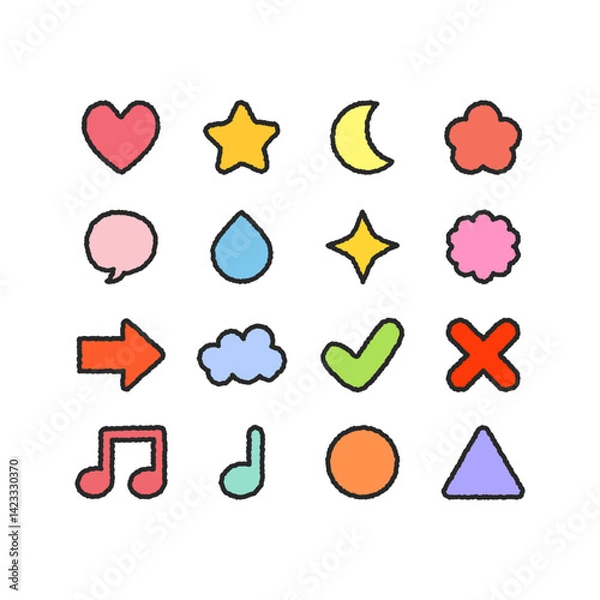 Fototapeta Hand drawn cute colorful doodles collection. Heart, star, moon, raindrop, cloud, arrow, geometric shapes, tick and cross mark. Outlined decorative vector design isolated illustration.