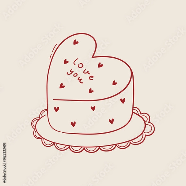 Obraz Hand drawn heart shaped cake for wedding, valentine day, anniversary. Whimsical doodle dessert illustration. Coquette bakery item. Line art sweet pastry food. Vector graphic
