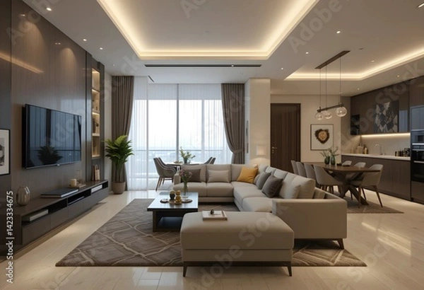 Obraz Luxurious apartment background with contemporary design. Modern interior design with sofa and TV wall. 3D render, 3D illustration.